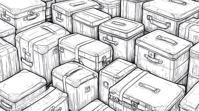 Vintage Suitcases Stacked, Travel, Airport, Luggage, Retro Illustration
