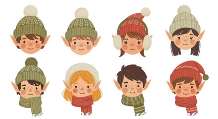 A delightful collection of festive Christmas elf portraits, each character wearing a unique and cozy winter knit hat and scarf