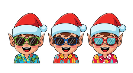 Three Cartoon Christmas Elves Wearing Sunglasses and Hawaiian Shirts