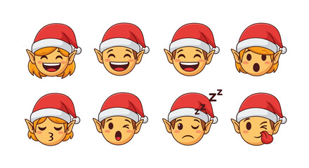 Cute Christmas Elf Emoticons Collection with Various Happy and Sleepy Expressions