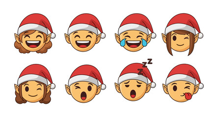A festive collection of cartoon elf head emojis wearing Santa hats, displaying a variety of happy and playful expressions for Christmas