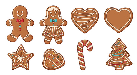A festive collection of decorated gingerbread cookies for the holiday season, featuring classic Christmas shapes like a man, woman, star, and tree