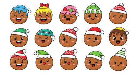 Cute gingerbread cookies with various facial expressions and festive Christmas hats, perfect for holiday designs and decorations