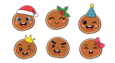 Cute Christmas Cookies with Kawaii Faces Vector Illustration