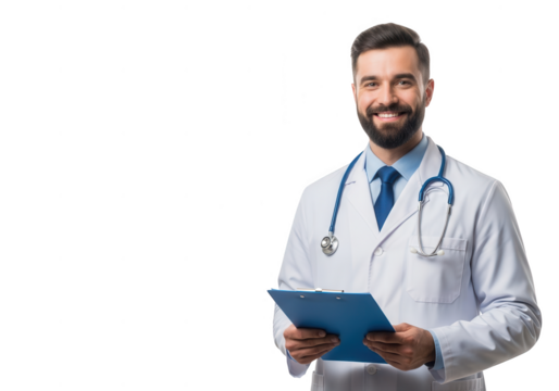 Smiling doctor holding medical chart isolated on transparent background - Powered by Adobe