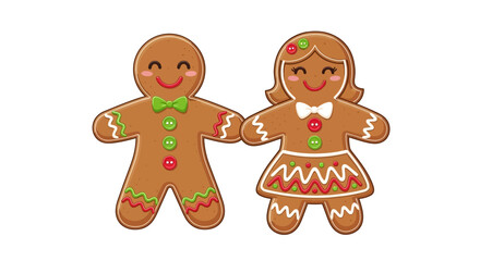 Cute Gingerbread Couple Smiling Holding Hands Against White Background, Christmas Concept