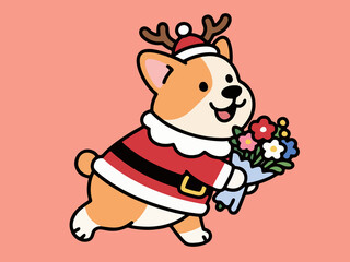 Cute Corgi Dog in Santa Reindeer Costume Holding Flowers