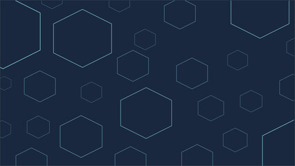 An abstract, non-seamless vector background featuring randomly sized and positioned hexagonal outlines scattered across a deep, dark navy blue field. The outlines are rendered in a vibrant, thin cyan 