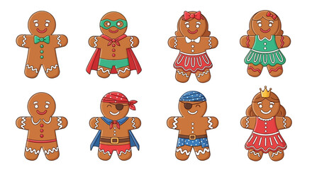 Cute gingerbread cookies dressed as a pirate, princess, superhero, and more, perfect for holiday or festive occasions