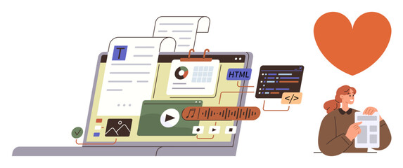 Open laptop showing multimedia content, text editor, code snippets, charts, and a music player. Designer working on a document beside a heart symbol. Ideal for creativity, content creation, digital