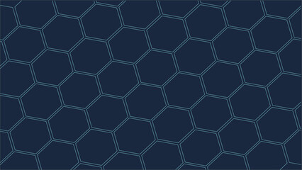 A sleek, monochromatic seamless vector pattern featuring an interlocking honeycomb or hexagonal grid structure. The design uses a deep, dark navy blue background contrasted with thin, bright blue outl
