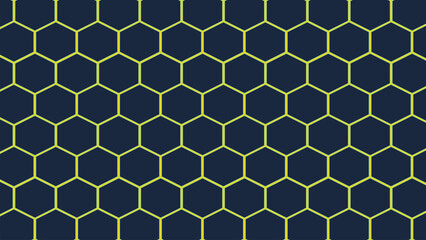 A striking, high-contrast seamless vector pattern featuring a hexagonal honeycomb grid. The design utilizes a vibrant neon lime green outline set against a deep, dark navy blue background, creating a 