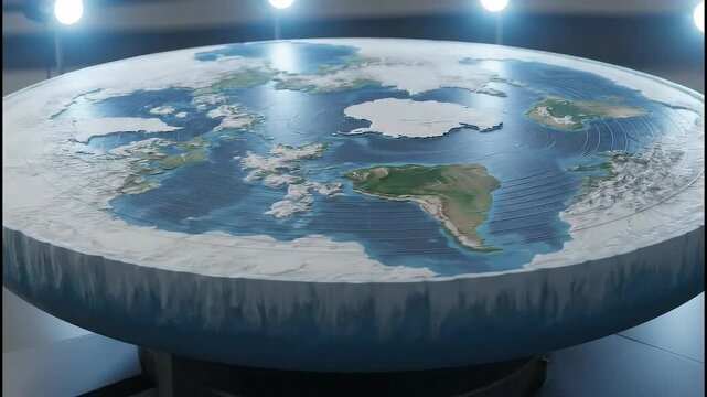 A conceptual depiction of a flat Earth model, presenting the planet as a disc with continents and oceans visible on its surface in a studio setting