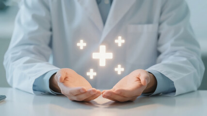 Doctor's hands protecting medical health insurance service concept background