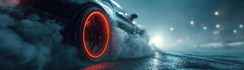 3D render showing wheels burnout with smoke concept. Dynamic car tire with glowing rim, creating smoke on wet road.