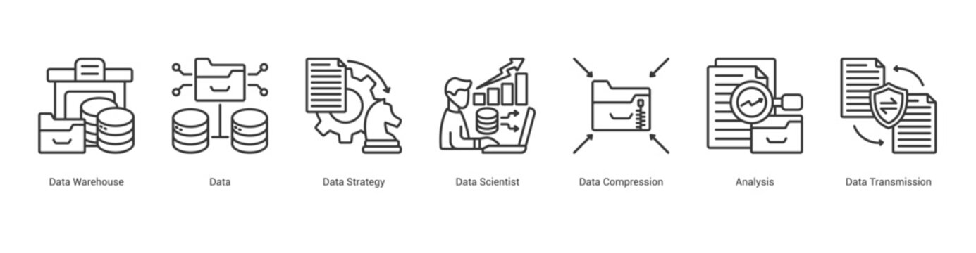 Advanced Data Intelligence outline banner web icon set vector illustration concept with icon of data warehouse, data, strategy, scientist, compression, analysis, transmission