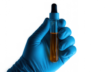 Hand in blue medical glove holding a chemical dropper vial with orange liquid, researching vaccine development, transparent background