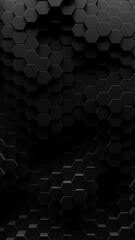 3d render of geometric tech pattern or dark abstract hexagon background. Smooth black honeycomb shapes for dark shadowy backgrounds.