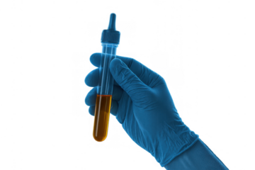 Scientist hand in blue glove holding test tube with orange liquid, researching chemical in laboratory, transparent background