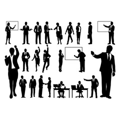 A collection of black silhouette figures depicting business people in various poses, including presenting, standing, walking, working at desks, and shaking hands.