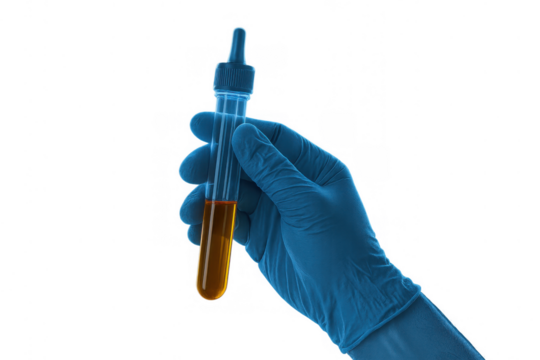 Scientist hand in blue glove holding test tube with orange liquid, researching chemical in laboratory, transparent background
