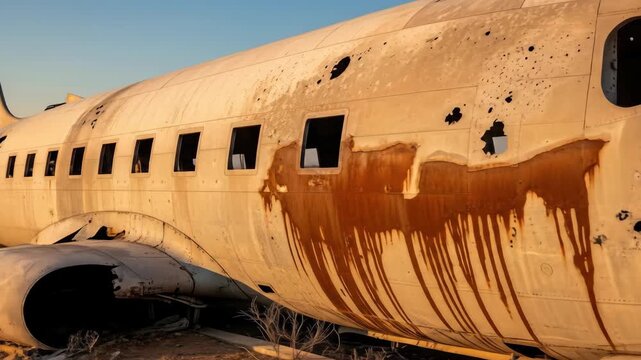 Abandoned airplane, rusted, weathered, damaged, airplane wreck with detail of decay, metal, and crash concept.