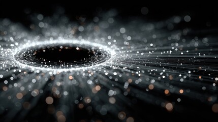 Abstract digital art of a glowing black hole with particle effects in dark space