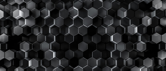 3d render of geometric tech pattern or dark abstract hexagon background. Smooth black honeycomb shapes for dark shadowy backgrounds.