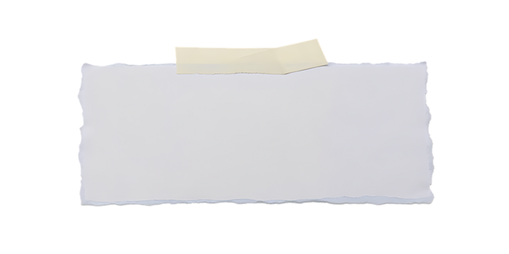 A blank torn white paper note with ragged edges attached by a piece of light yellow adhesive tape isolated on transparent background