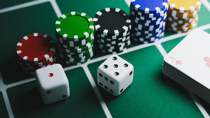Casino Gambling Concept: Dice, Poker Chips, and Ace Card on Green Felt Table. 3d rendering
