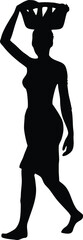 Silhouette of Woman Walking with Basket on Head Barefoot Isolated on White Background