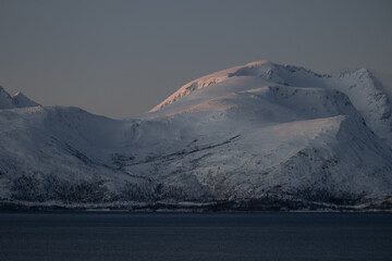 A serene Arctic landscape of calm water of fjord near Tromsø, Norway, showing snow-covered mountains bathed in the soft pink glow of the setting sun.