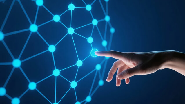 Finger touching technology network connection global business background