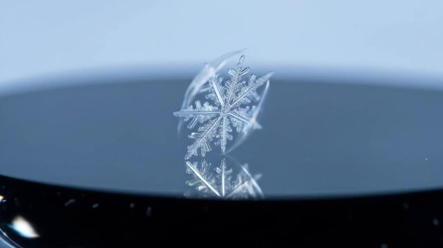 Macro shot of a single snowflake with its reflection, crystal clear details stand out.