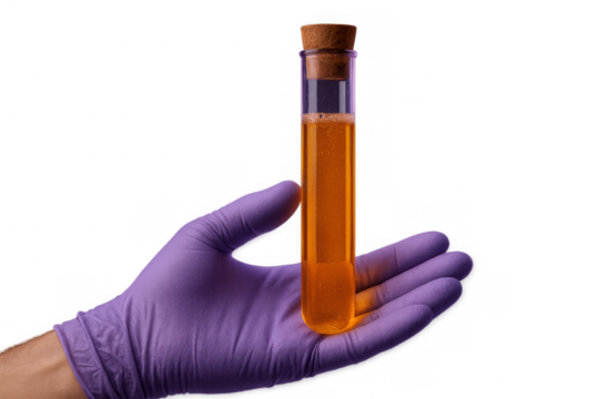 Hand in purple glove holding test tube with orange liquid, researching chemical experimental solution