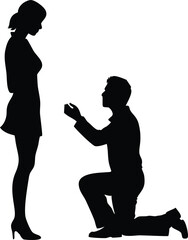 Vector Silhouette of Man Proposing to Woman with Engagement Ring, Romantic Marriage Scene
