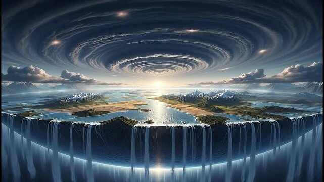 A surreal digital illustration of a mythical flat Earth, with oceans cascading into the abyss under a dramatic, swirling vortex sky at sunset