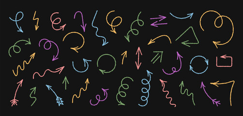 Obraz premium Wavy crayon arrow icon collection sketch set. Swirl and pointer set with chalk and zigzag element design, each symbol forms a colorful playful collection. Unique artistic set for creative