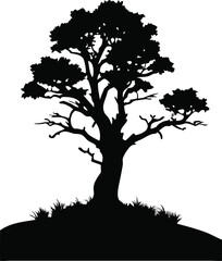 Tree Silhouette with Leaves on Hill, Nature Landscape Vector Illustration for Forest and Seasonal Designs