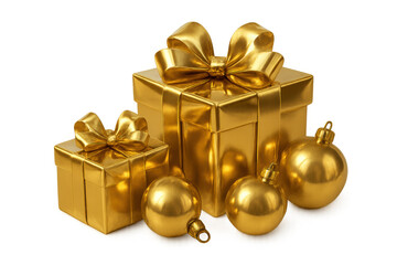 Golden gift boxes with ribbon bows and christmas ornaments on transparent background, celebrating luxury holidays