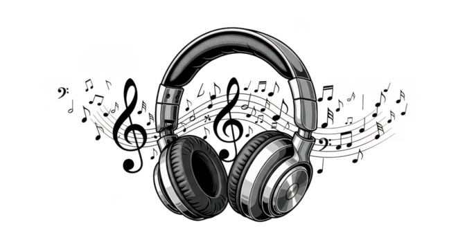 Sleek Headphones With Flowing Musical Notes On Black Background
