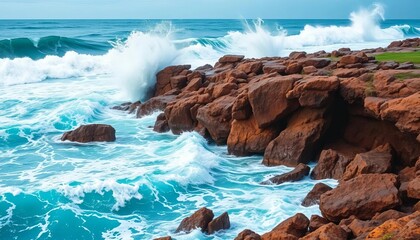 Powerful ocean waves crashing on a rocky shore during a storm,  wave group,  natural