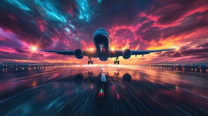 Airplane Taking Off at Sunset with Dramatic Sky