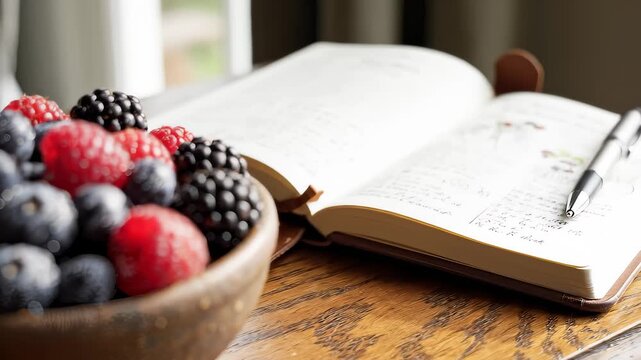 Bowl of Berries Sit Near Person Writing in Notebook on Wooden Table