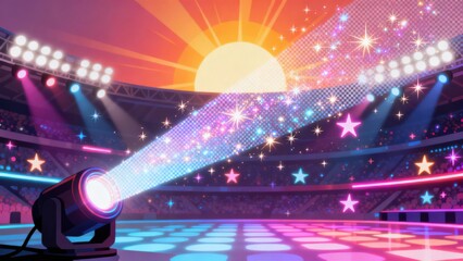 Magic Light Beams with Glittering Glow and Disco Flare, Abstract Neon Stage Illustration for Festive and Party Backgrounds