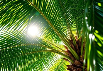 Fototapeta premium Graceful fronds of a lush palm tree, sunlight filtering through the leaves, tropical, rainforest