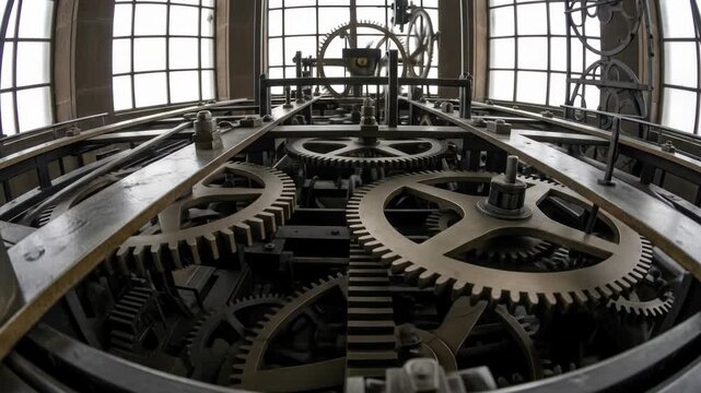 Intricate gears system of large clock mechanism with engineering and technology concept.