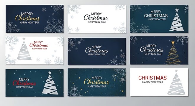 Collection of merry christmas cards with snowflakes and trees designs