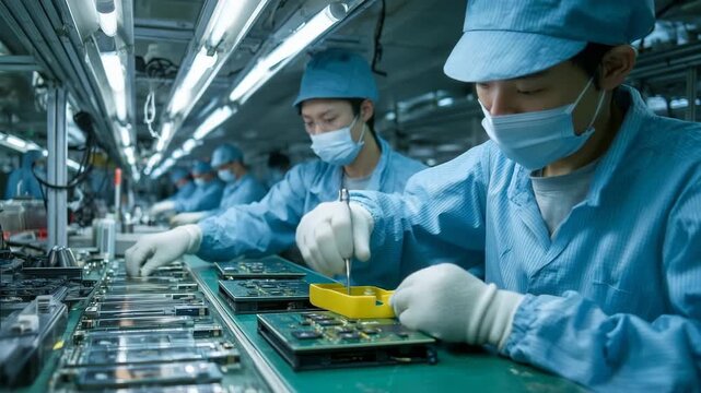 男性実習生が工場で精密部品を扱う