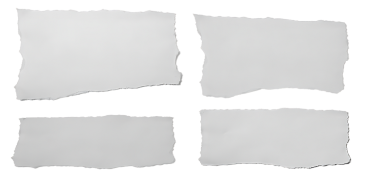 Four torn white paper scraps with rough jagged edges arranged in a grid isolated on transparent background